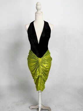 LBV Black Velvet Sequin Chartreuse Cocktail Dress Size 2 NEW NWT